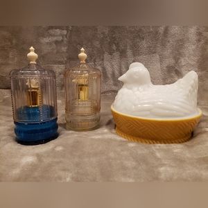 Vtg Avon Dove Bird Cage 2 Empty Perfume Bottles & Nesting Hen Soap Dish W/ Soap